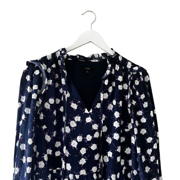 J Crew Dress Womens Purple Navy Scattered Peony Floral Tie Neck Tiered SZ M - Picture 4 of 16